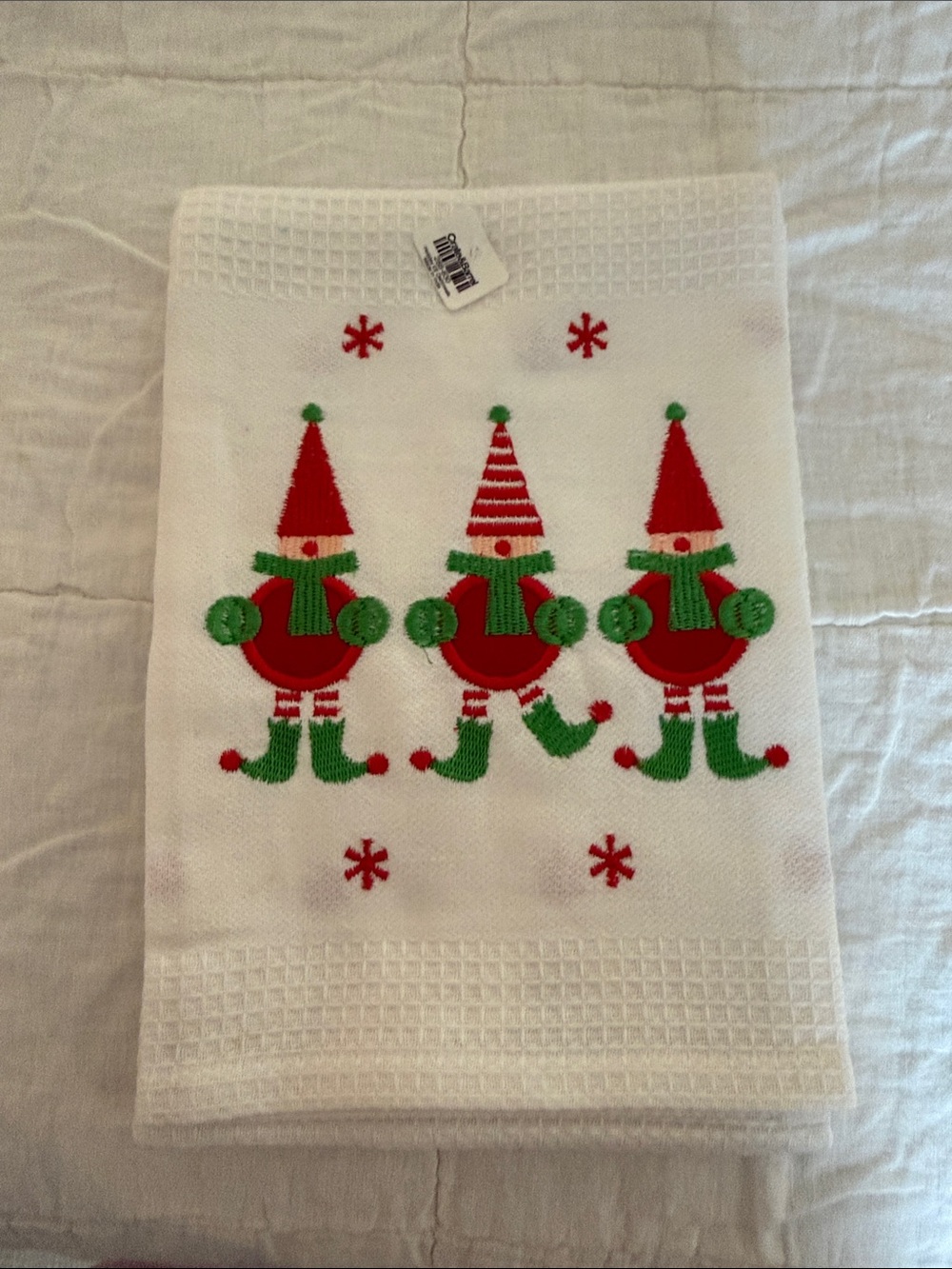 Set of 2-Crate&Barrel White Holiday Elf Kitchen Towel with Red & Green Accents